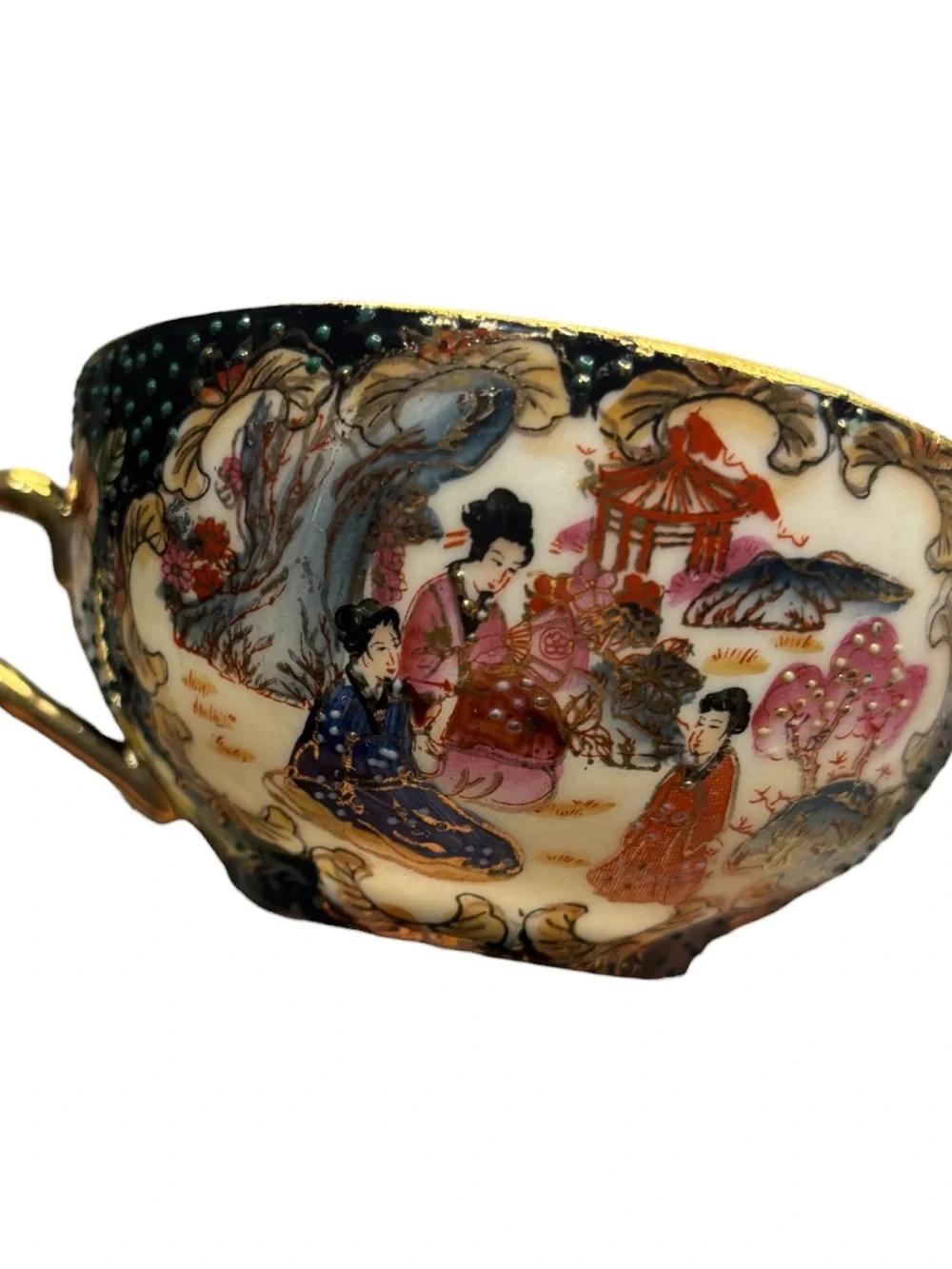 Vint Hand Painted Satsuma Chinese Porcelain Cup Saucer Gilded Gold Geisha Girls